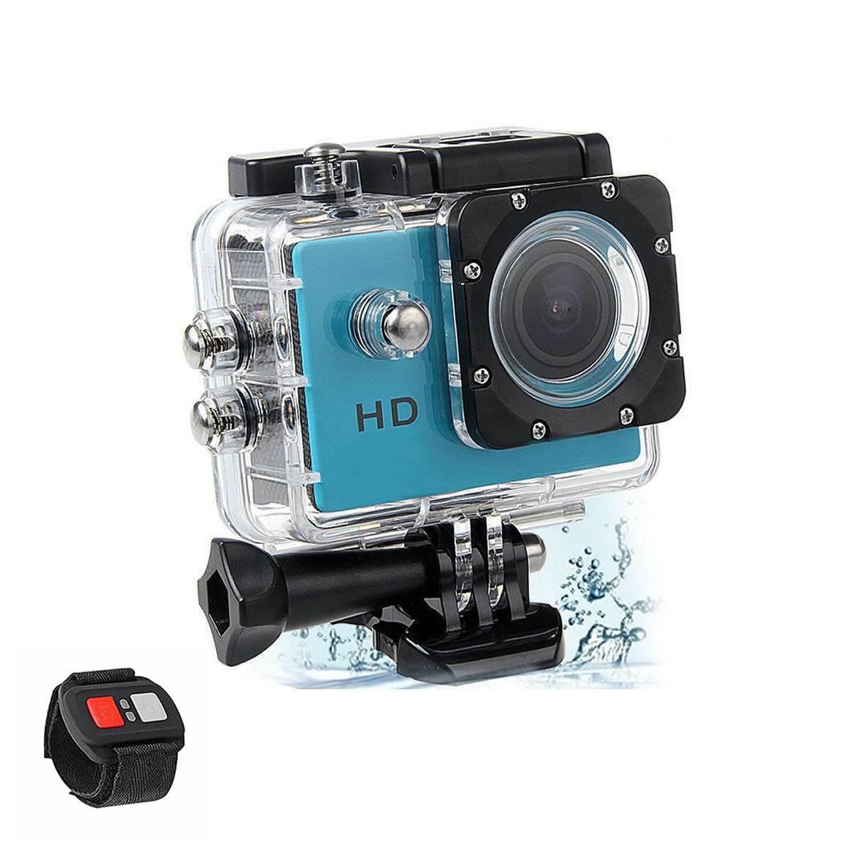 4K waterproof action camera in clear protective case with remote control wrist strap