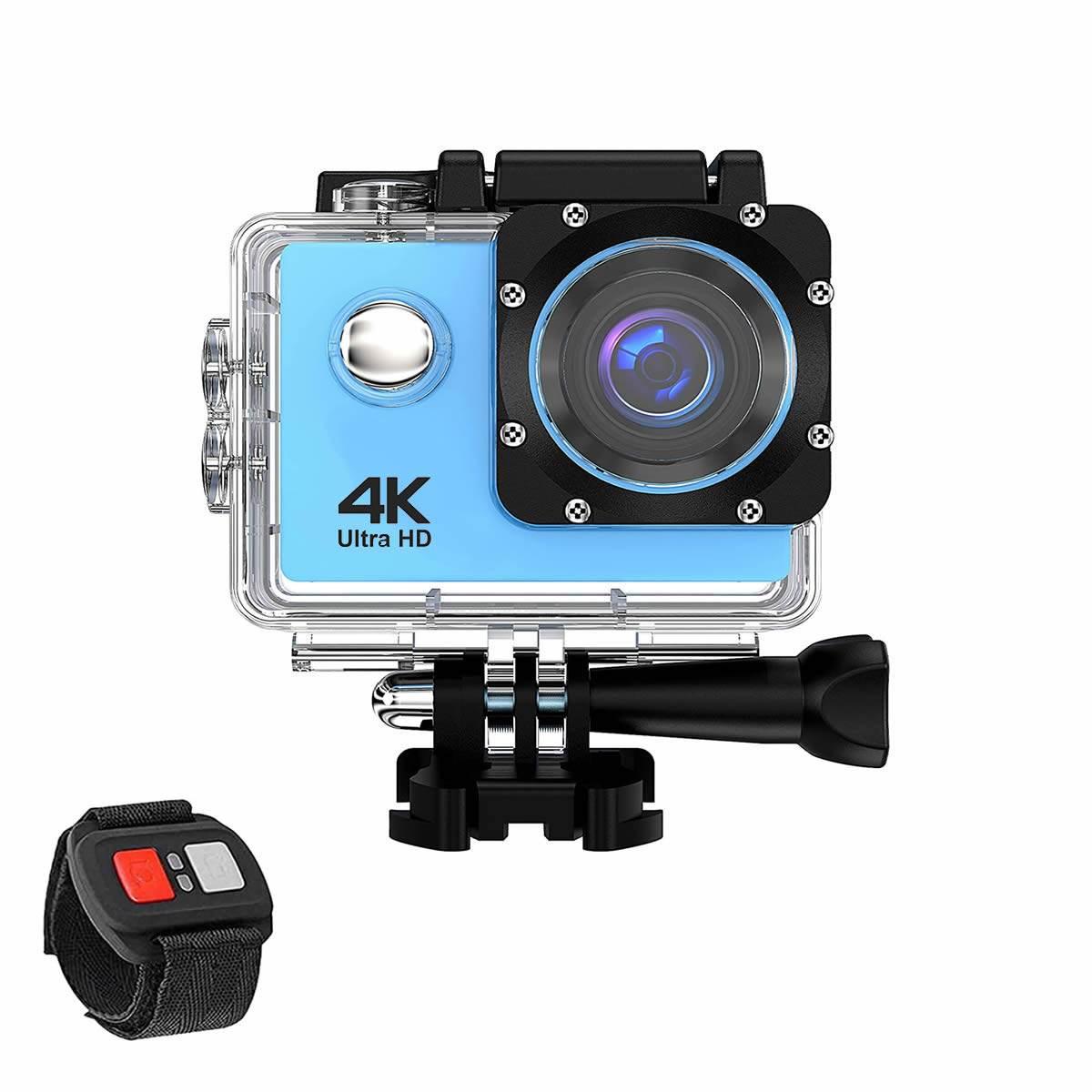 4K waterproof action camera in clear protective case with remote wrist controller