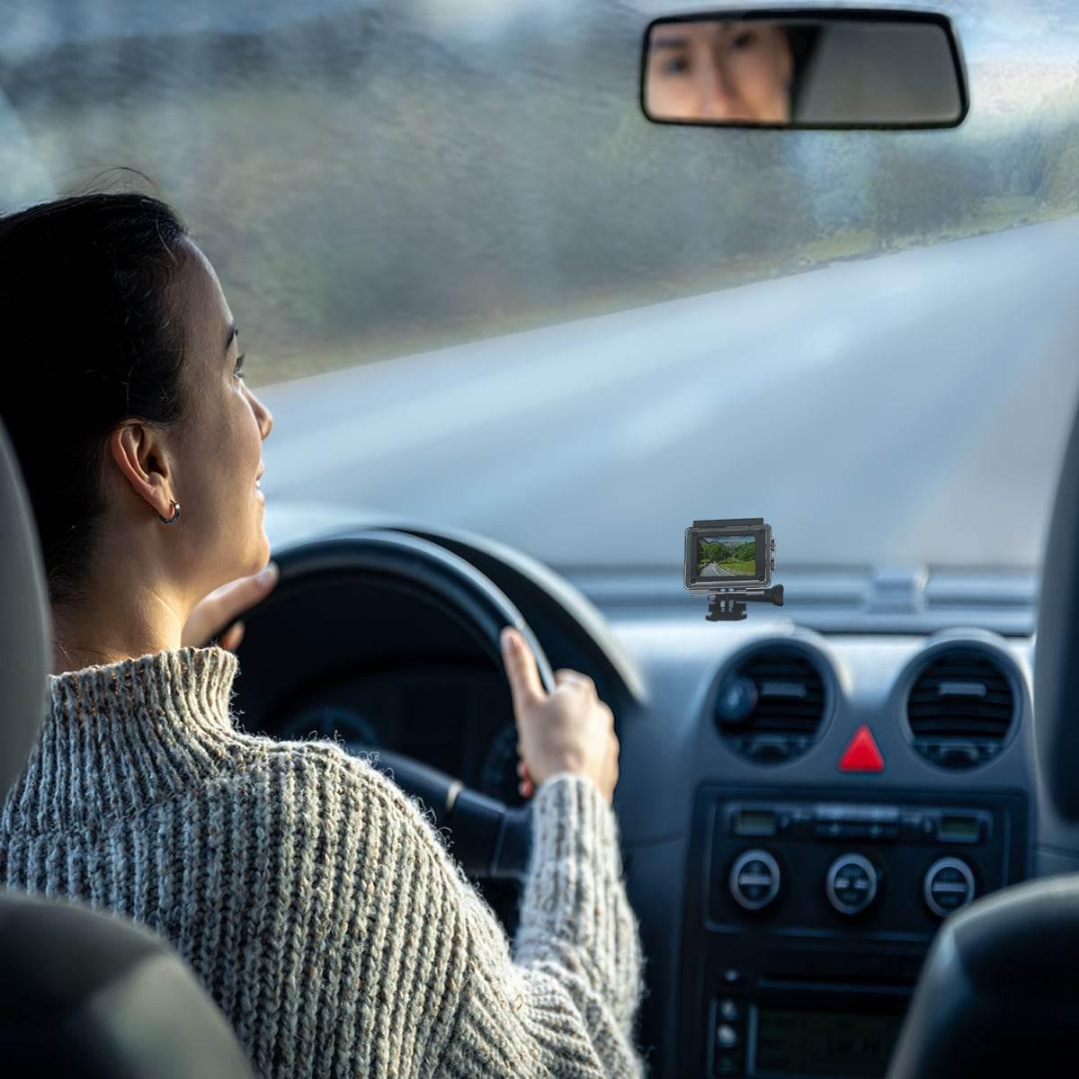 4K waterproof action camera mounted on car dashboard capturing road view