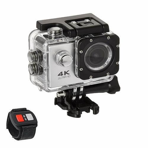 4K waterproof action camera with protective case and wireless remote wrist strap