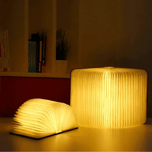 Yellow Pandora ambient bookshelf decor light shaped like an open and closed glowing book for gifts