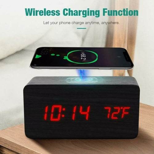 Wooden Digital Alarm Clock with Wireless Phone Charging Pad - CheepSweepz