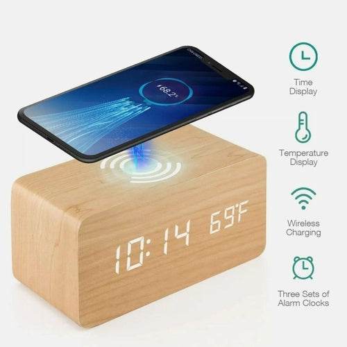 Wooden Digital Alarm Clock with Wireless Phone Charging Pad - CheepSweepz