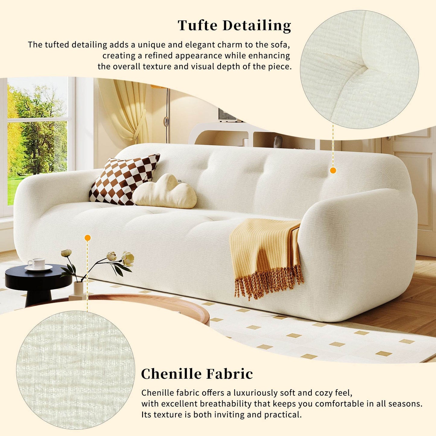 85.8' Wide Chenille Fabric 3-Seater Sofa with Tufted Style, Full - CheepSweepz