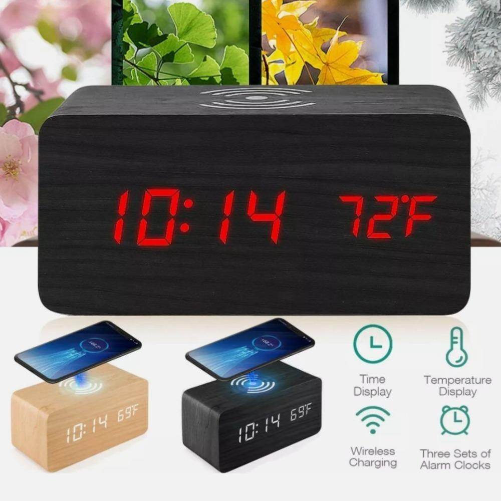 Wooden Digital Alarm Clock with Wireless Phone Charging Pad - CheepSweepz