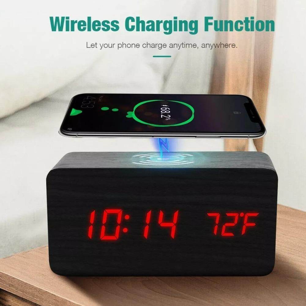 Wooden Digital Alarm Clock with Wireless Phone Charging Pad - CheepSweepz