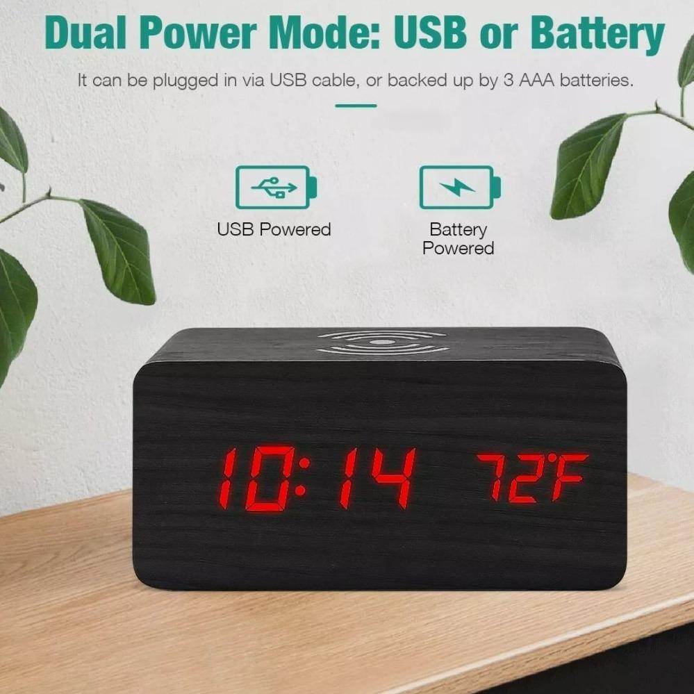 Wooden Digital Alarm Clock with Wireless Phone Charging Pad - CheepSweepz