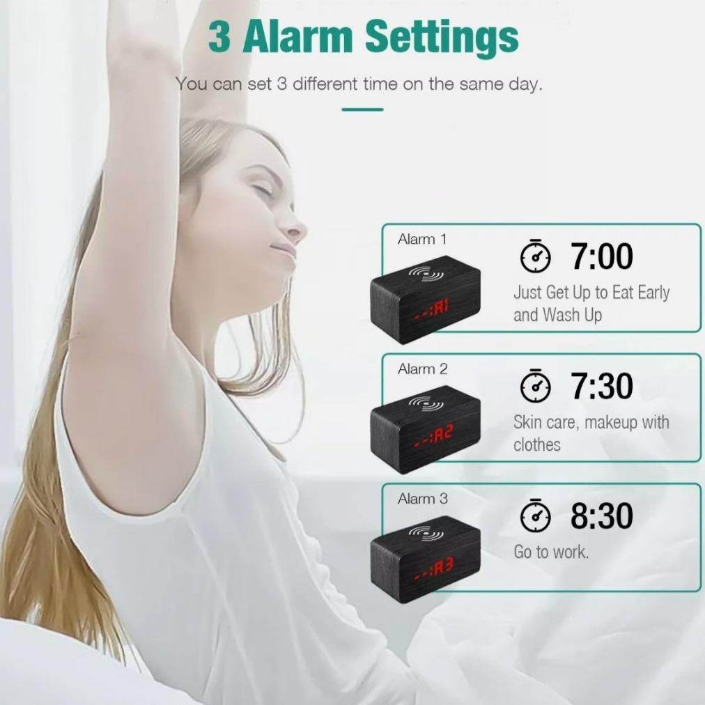 Wooden Digital Alarm Clock with Wireless Phone Charging Pad - CheepSweepz