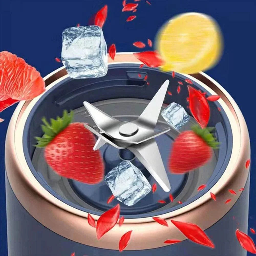 High quality juice blender blade with strawberries ice cubes lemon and red petals in kitchen