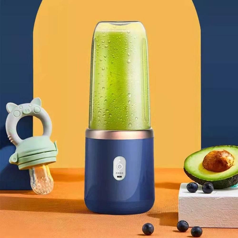 Yellow Pandora high quality juice blender with blue base and green smoothie inside next to avocado and blueberries