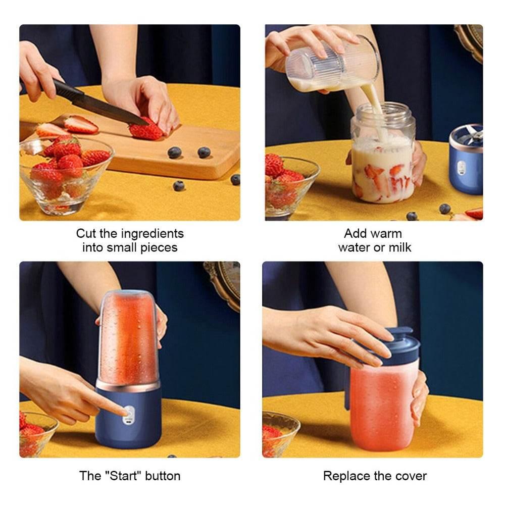 Step-by-step use of high quality juice blender by Yellow Pandora cutting strawberries, adding milk, blending, and covering