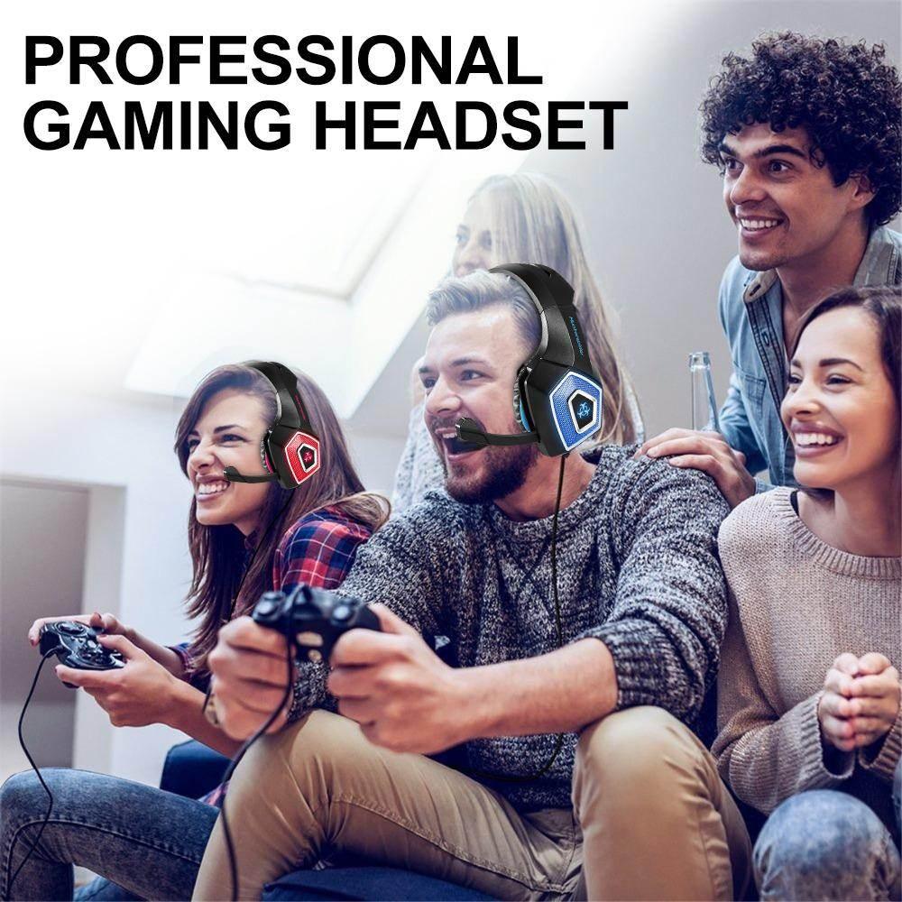 Group of young adults enjoying gaming wearing Yellow Pandora premium gaming headset with colorful LED lights