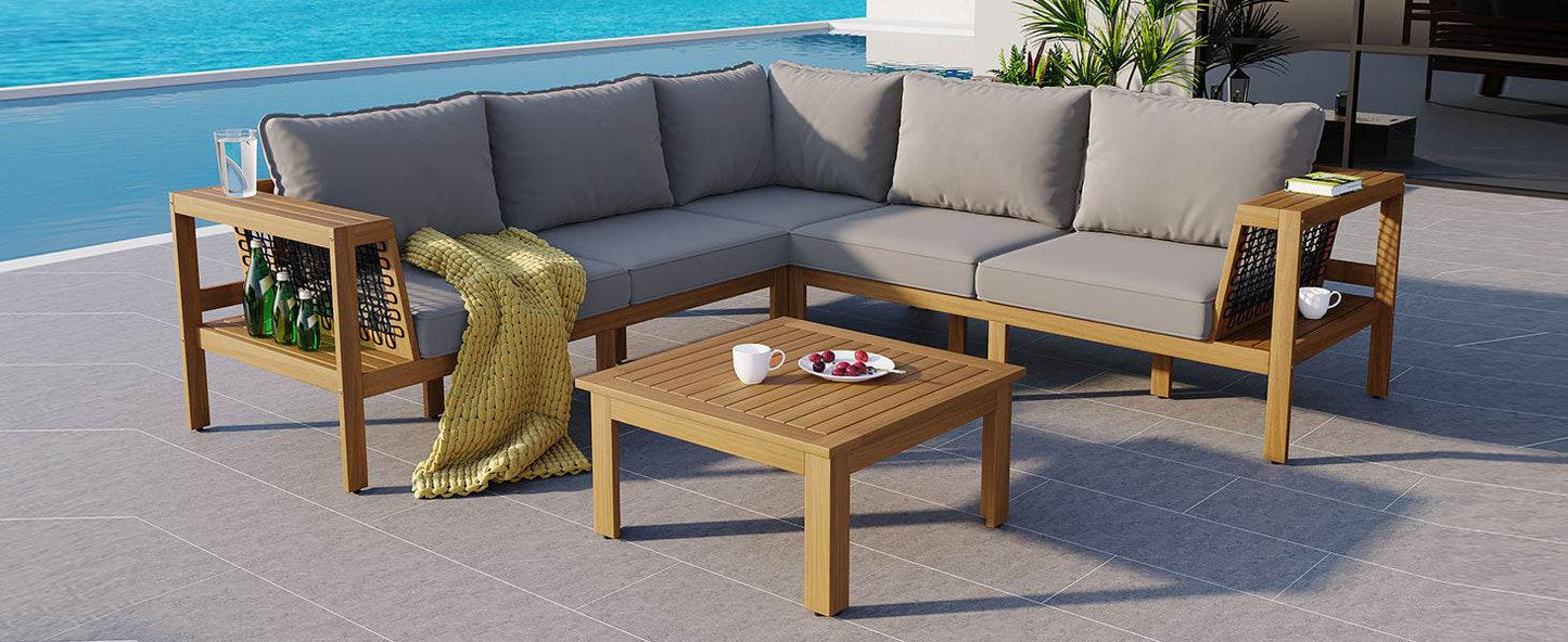 Luxury outdoor seating for backyard with Sangria Beech wood frame and gray cushions