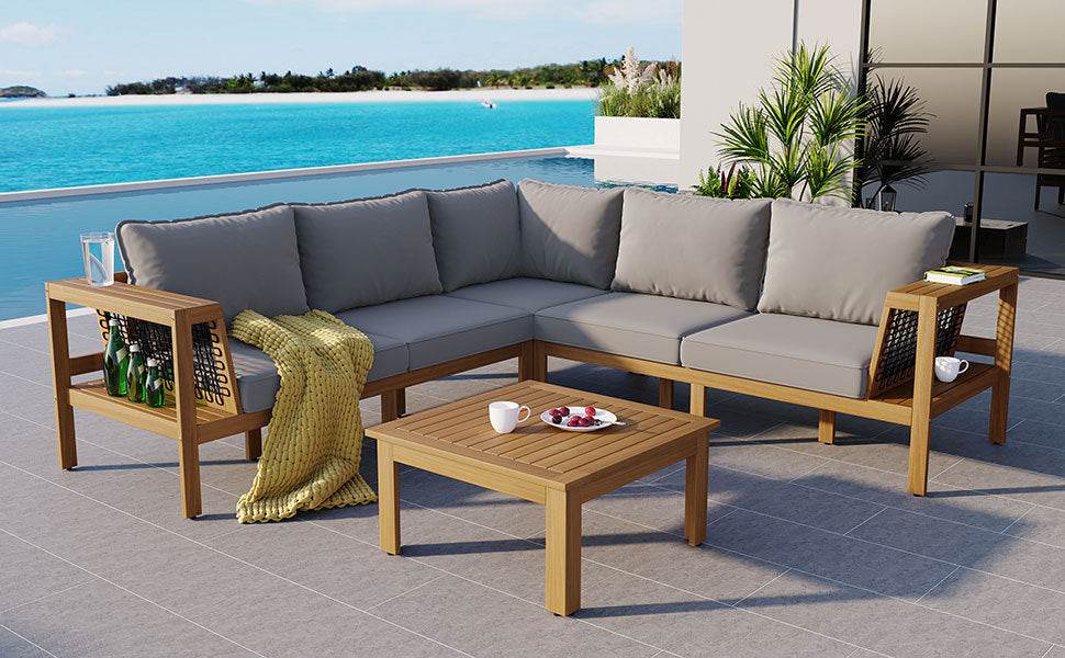Sangria Beech luxury outdoor seating for backyard with gray cushions and wooden frame on patio