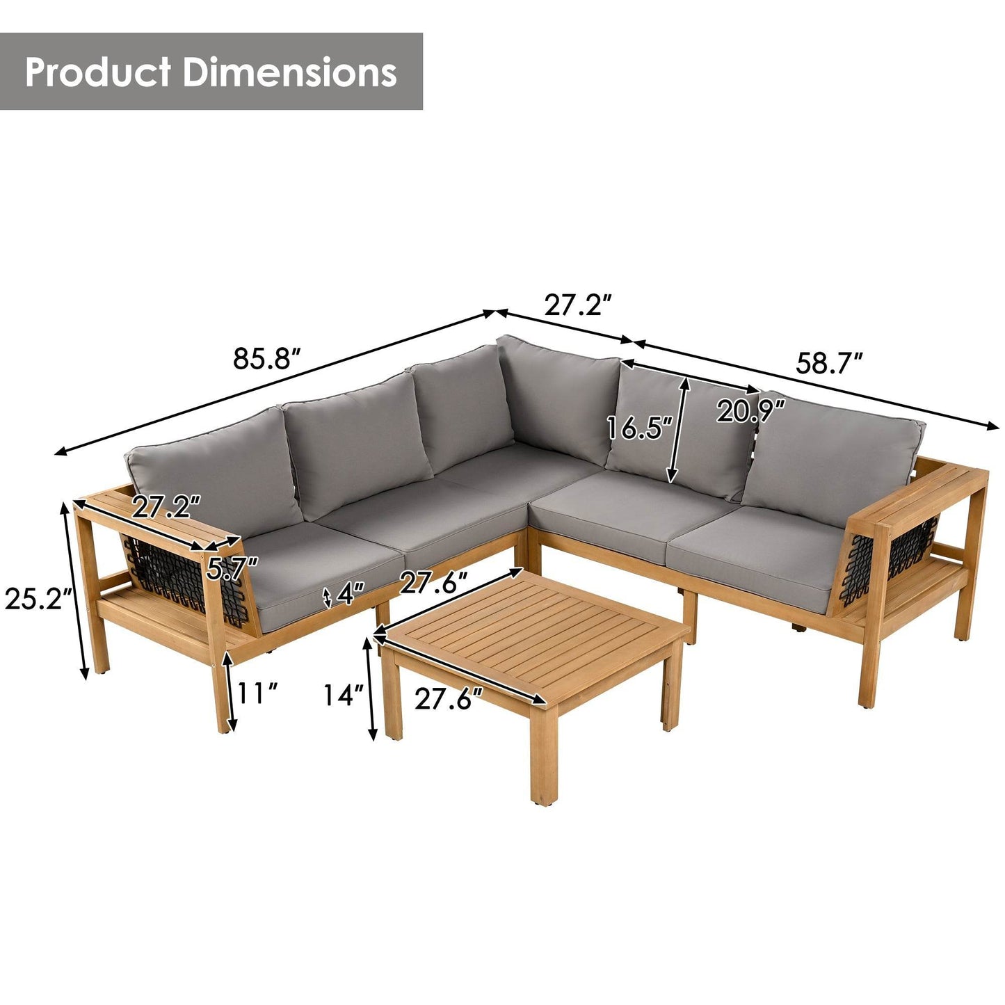 Sangria Beech luxury outdoor seating for backyard with gray cushions and wooden frame sectional sofa with matching coffee table