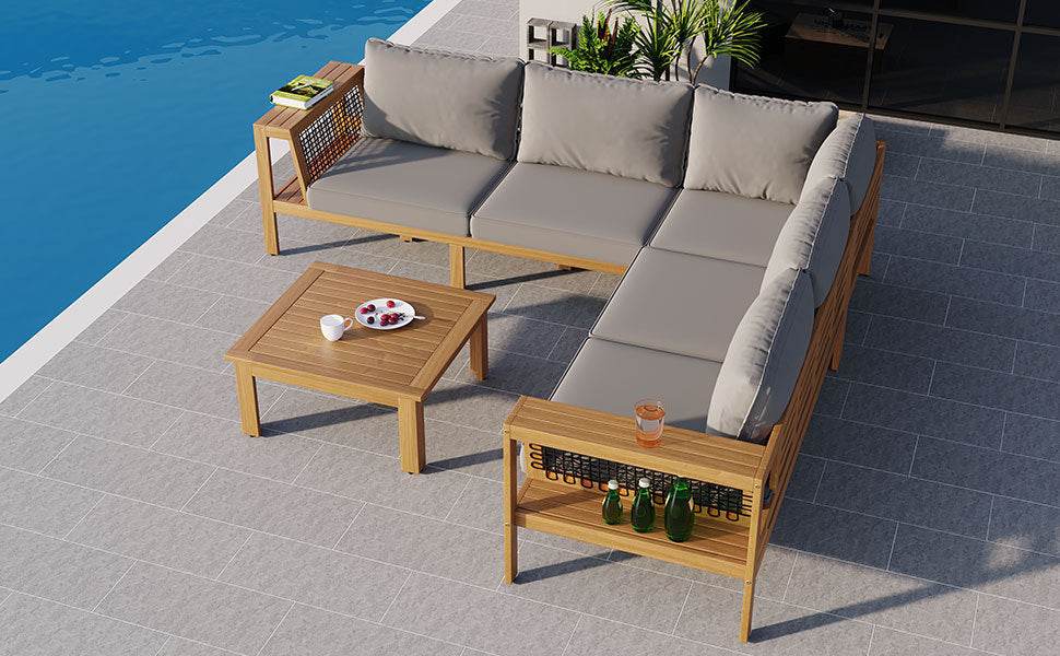 Sangria Beech luxury outdoor seating for backyard featuring gray cushioned sectional sofa and wooden coffee table beside pool