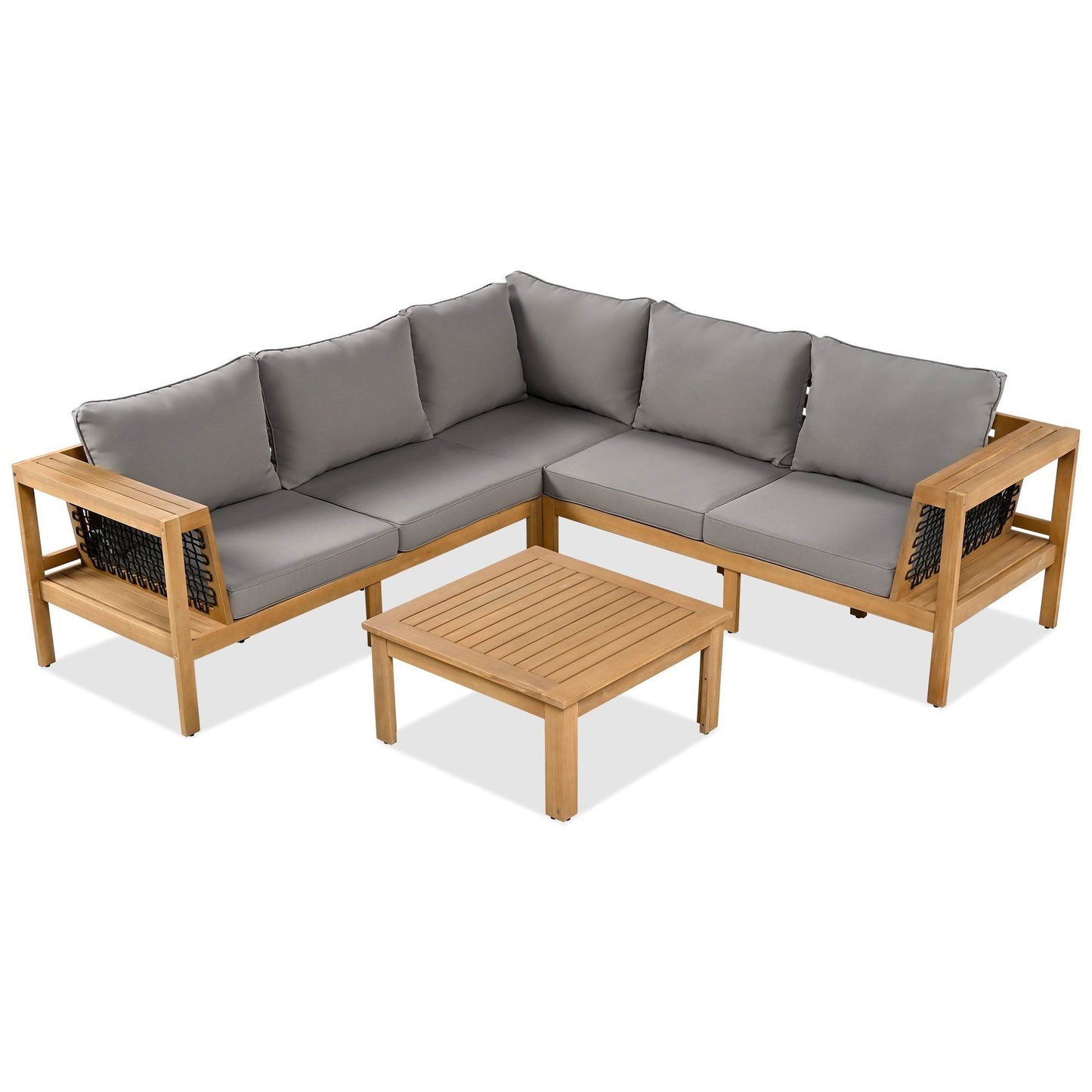 Sangria Beech luxury outdoor seating for backyard with gray cushions and wooden frame sectional sofa