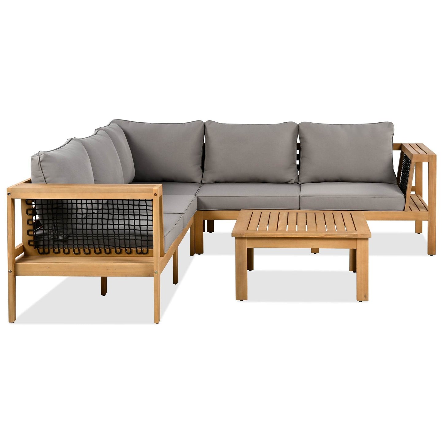 Sangria Beech luxury outdoor seating for backyard featuring gray cushions and wooden frame with coffee table