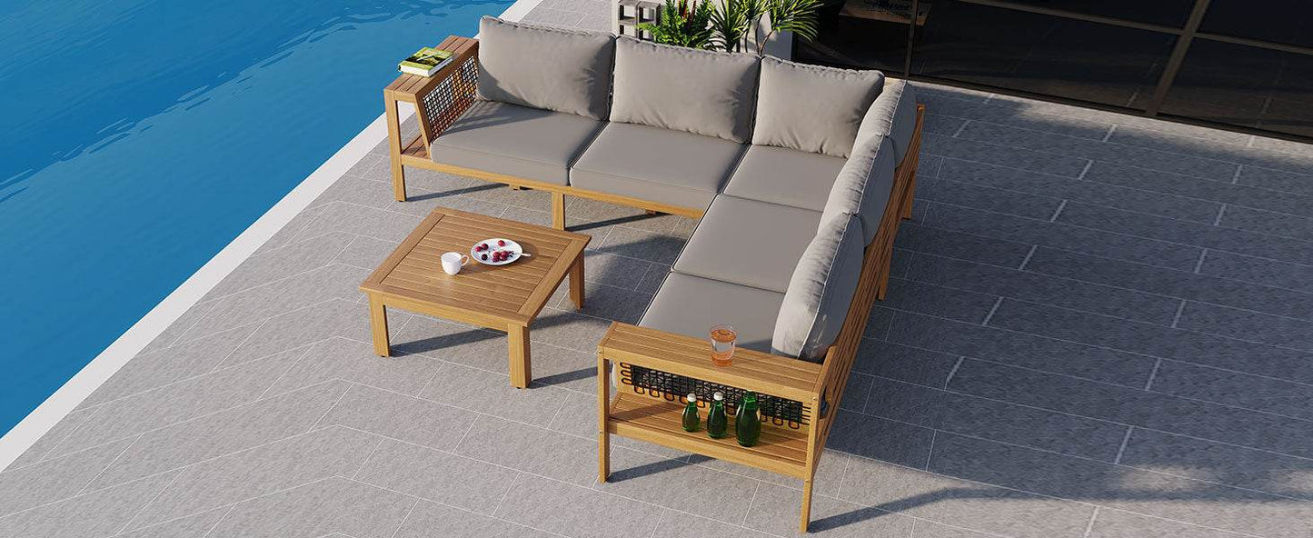 Sangria Beech luxury outdoor seating for backyard with gray cushions and wooden frame by pool