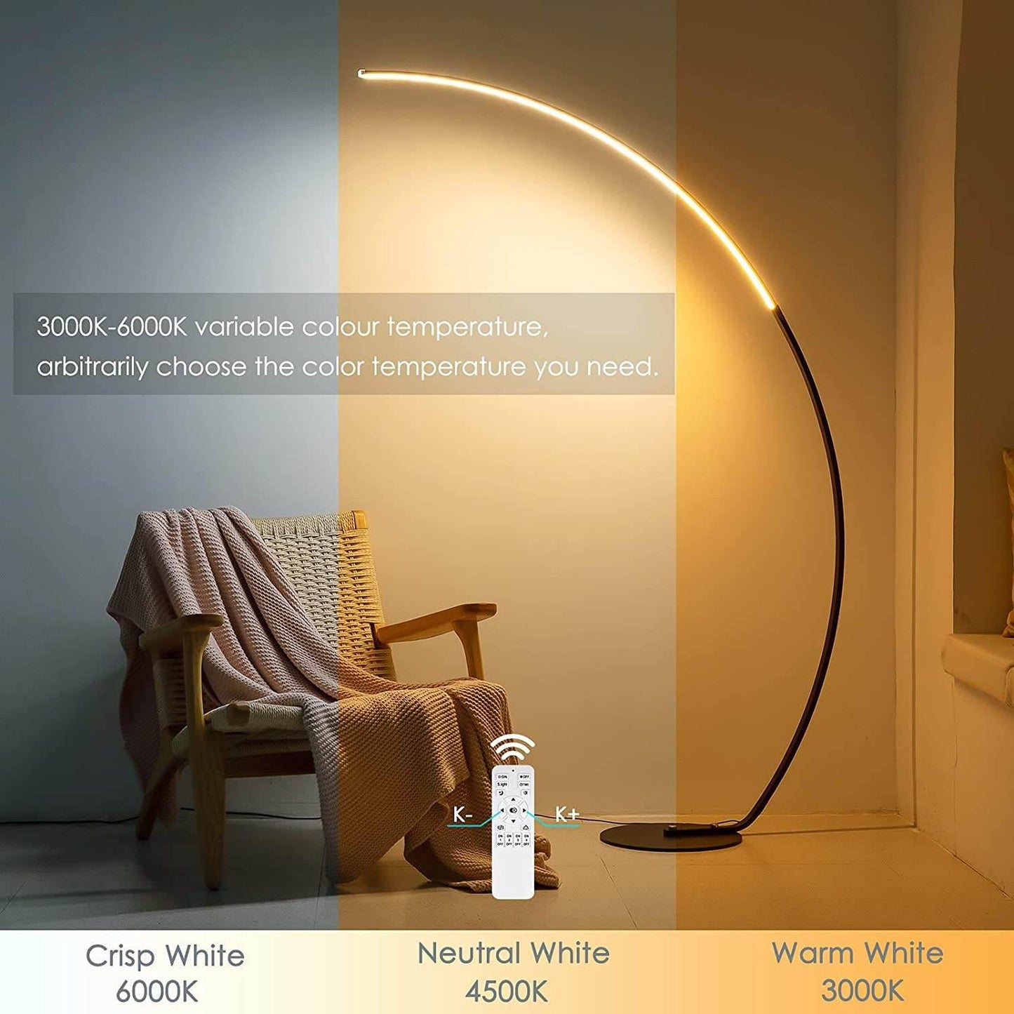 Sangria Apricot modern curve floor lamp with adjustable color temperature next to chair with blanket