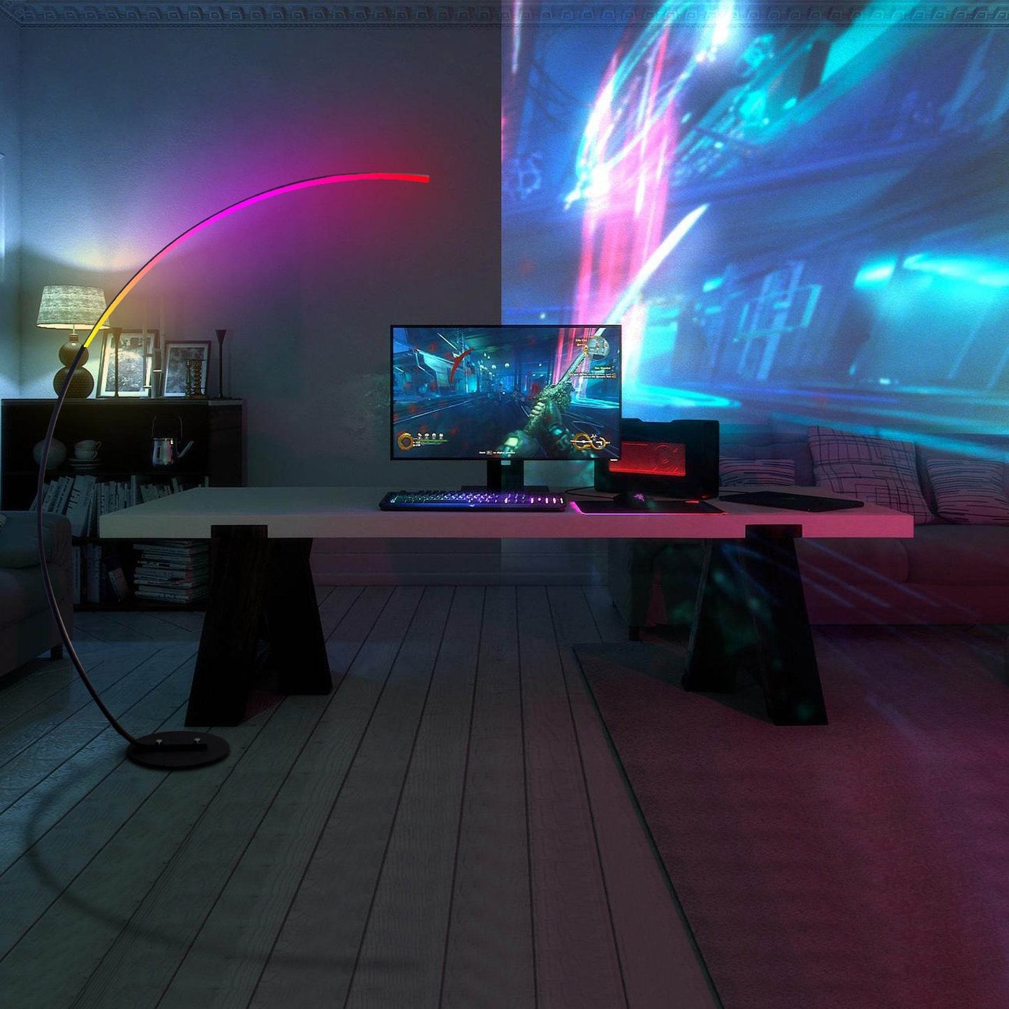 Modern curve floor lamp with colorful LED lighting in a stylish gaming room setup