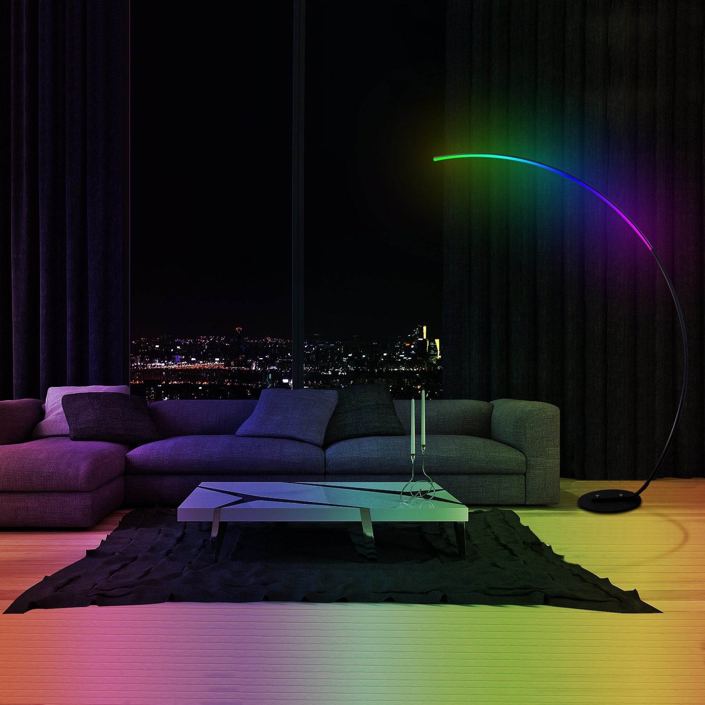 Sangria Apricot modern curve floor lamp with rainbow light arc next to gray sectional sofa in dark living room