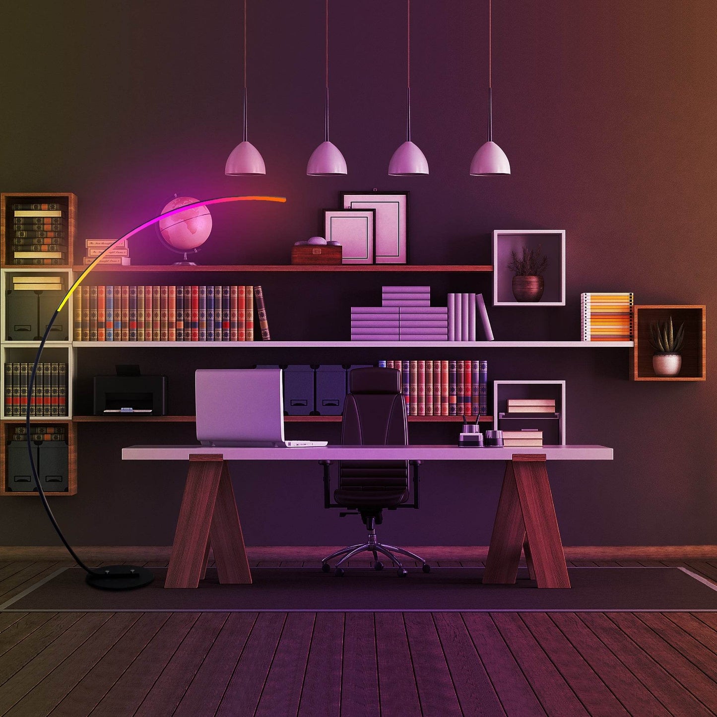 Modern curve floor lamp with glowing arch design in a stylish home office decor setting