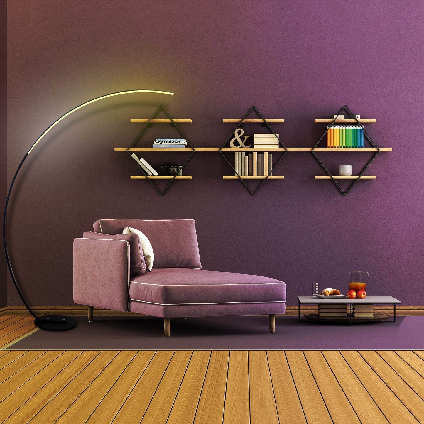 Modern curve floor lamp with sleek arc design next to mauve chaise lounge in stylish living room