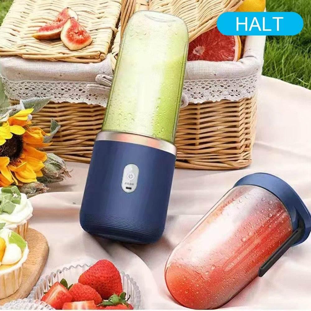 Yellow Pandora high quality juice blender with dual bottles blending fresh green and red juice outdoors