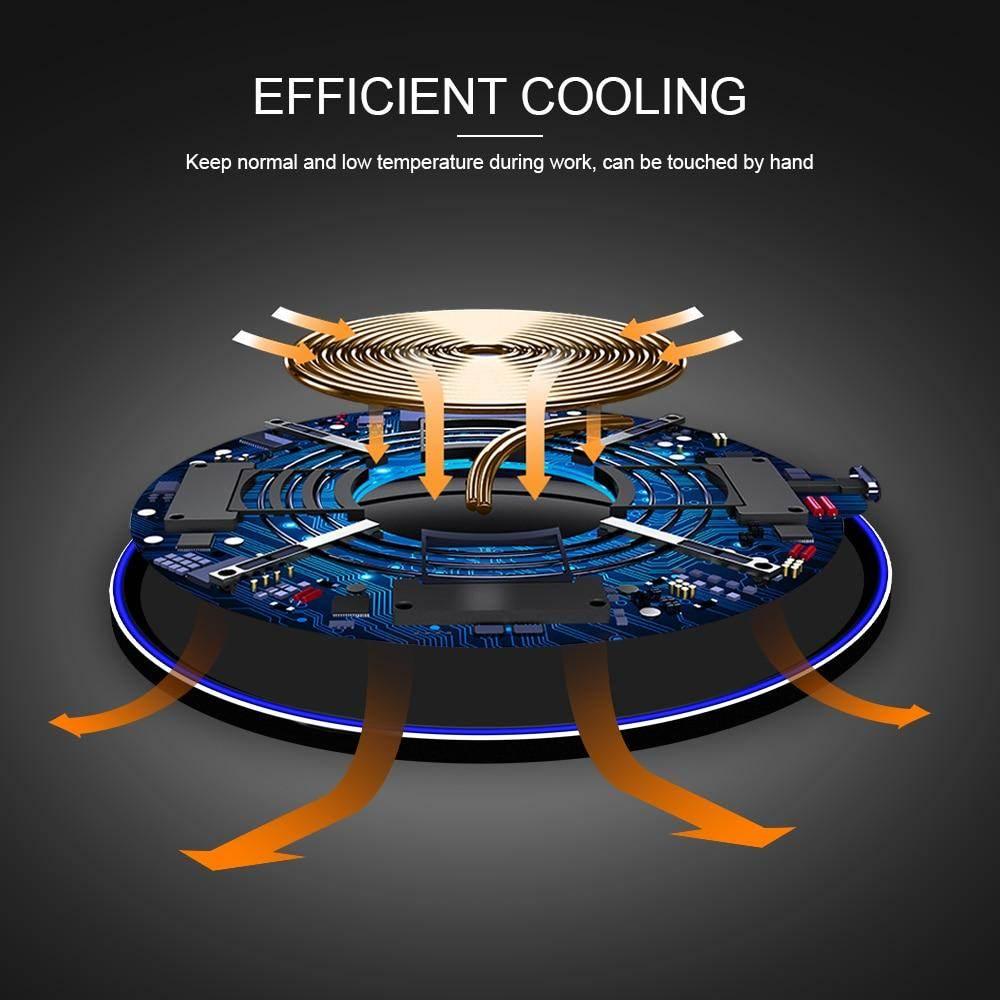 Internal cooling system design of Yellow Pandora premium wireless charging station showing heat dissipation