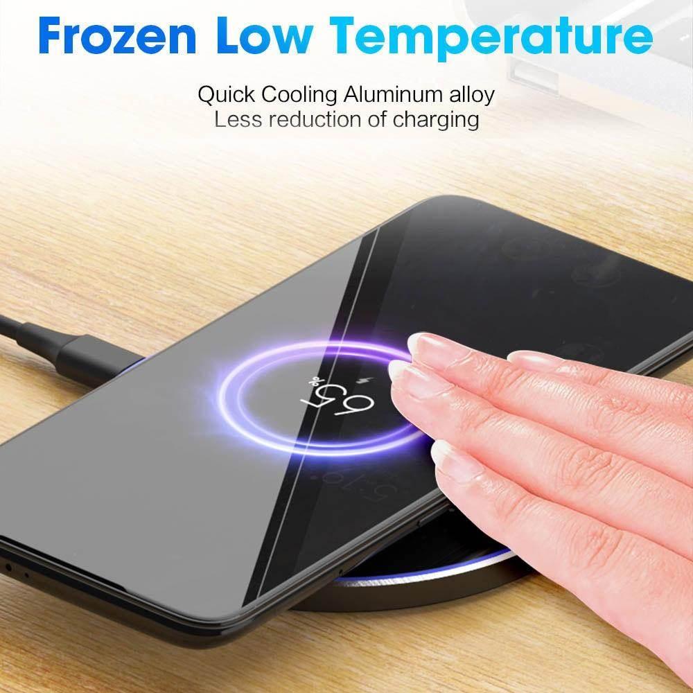 Yellow Pandora premium wireless charging station with quick cooling aluminum alloy charging a smartphone