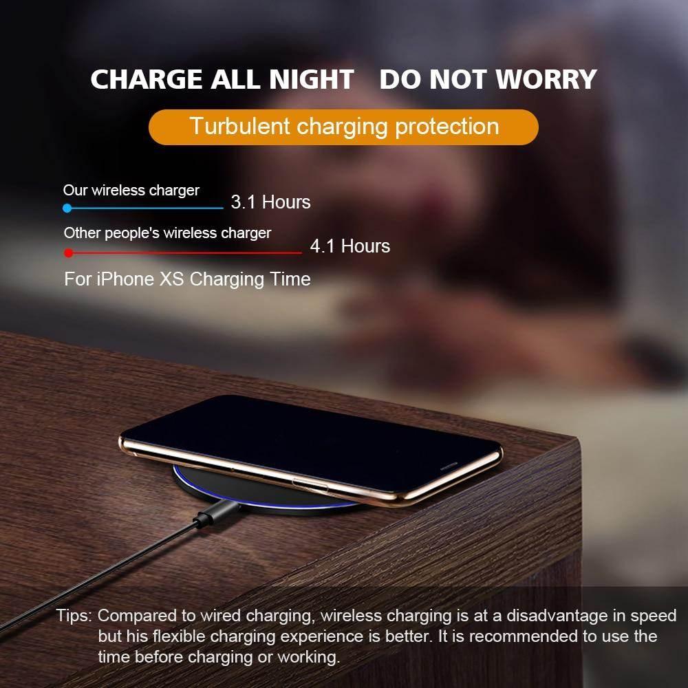 Yellow Pandora premium wireless charging station with fast charging for iPhone XS on wooden table