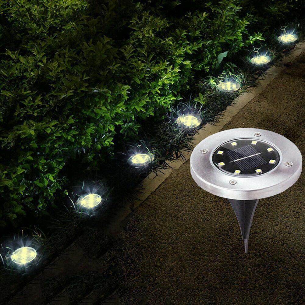 Pink Iolaus solar powered garden pathway lights illuminating a garden path at night