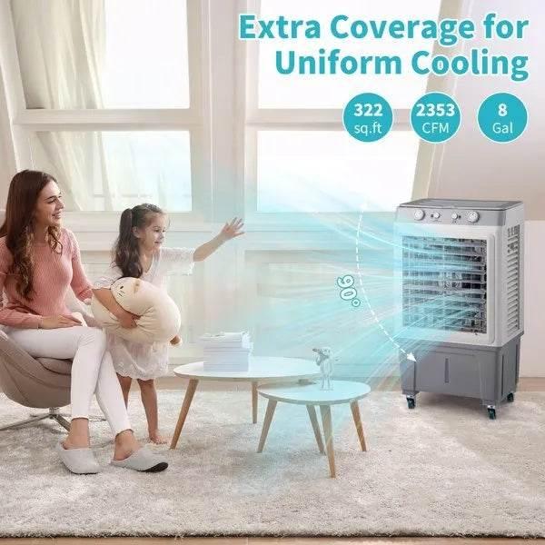 3 in 1 personal air cooler providing uniform cooling in a living room with mother and child sitting nearby
