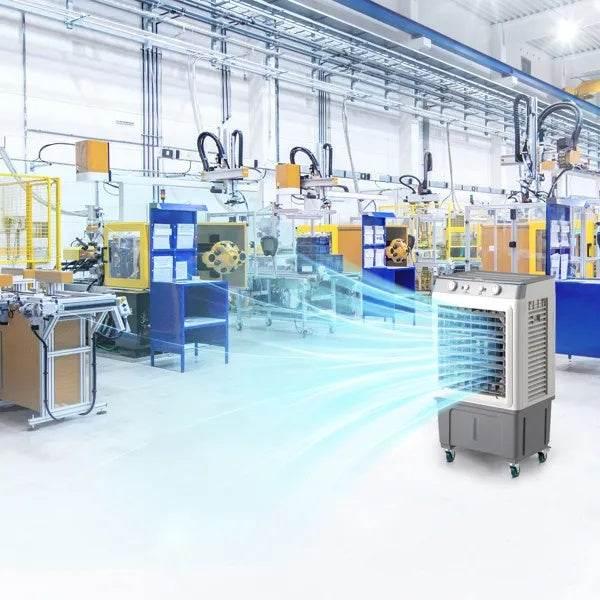 3 in 1 personal air cooler blowing cool air in a bright factory setting