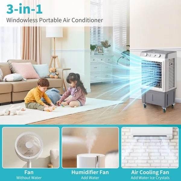 3 in 1 personal air cooler showing portable air conditioner in living room with kids and fan humidifier air cooling functions