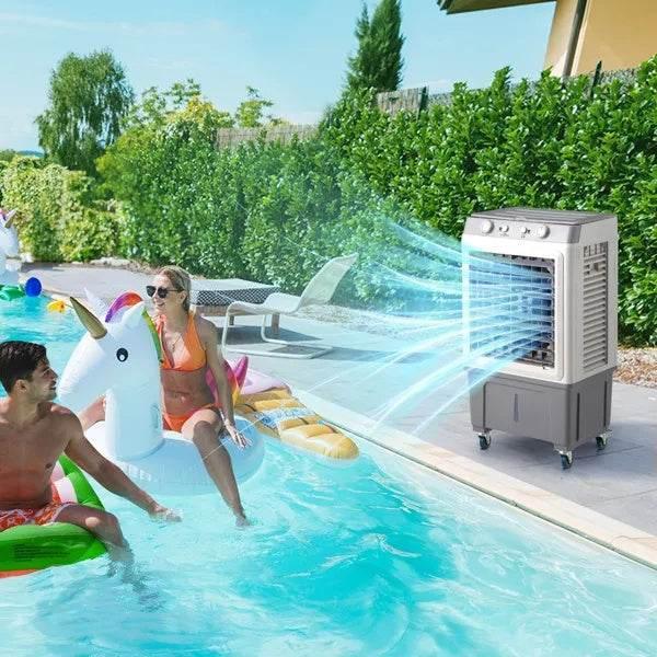 3 in 1 personal air cooler cooling outdoor poolside area with kids playing