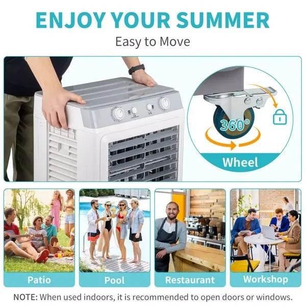 3 in 1 personal air cooler with wheels easy to move for patio pool restaurant and workshop use