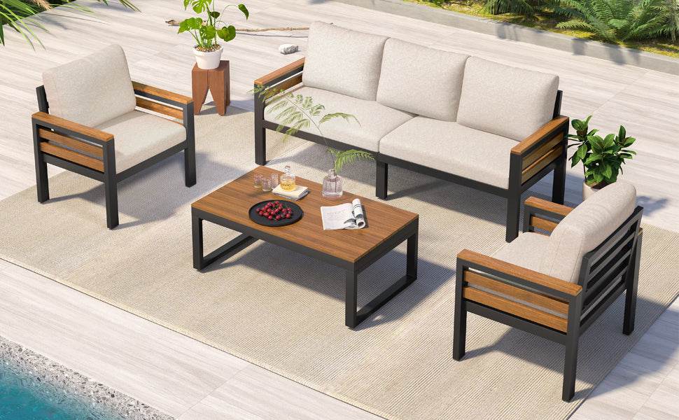 Sangria Beech luxury backyard seating set with beige cushions and wooden accents on black metal frames