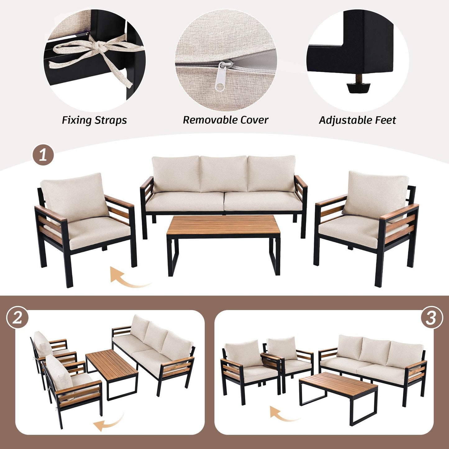 Luxury backyard seating set by Sangria Beech with beige cushions, black frame, wooden accents, and removable covers