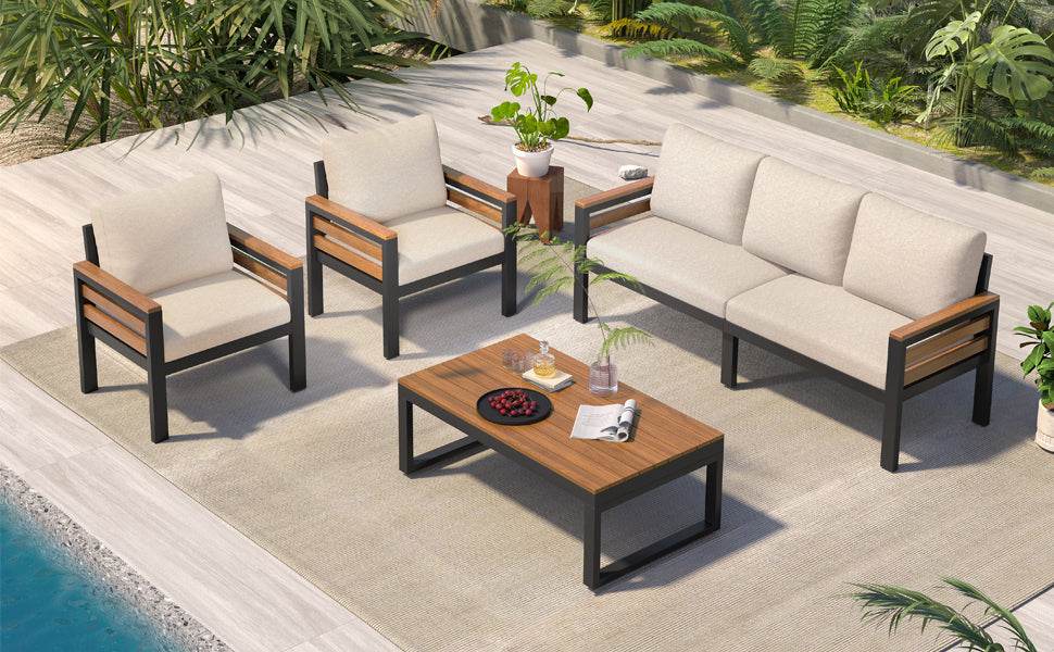 Sangria Beech luxury backyard seating set with beige cushions and black metal frames around a wooden coffee table