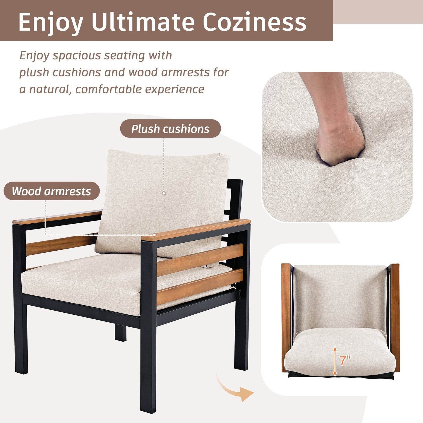Sangria Beech luxury backyard seating set chair with plush cushions and wood armrests for ultimate coziness