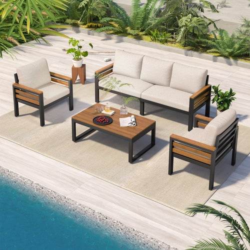 Sangria Beech luxury backyard seating set with beige cushions and wooden accented black metal frame near pool
