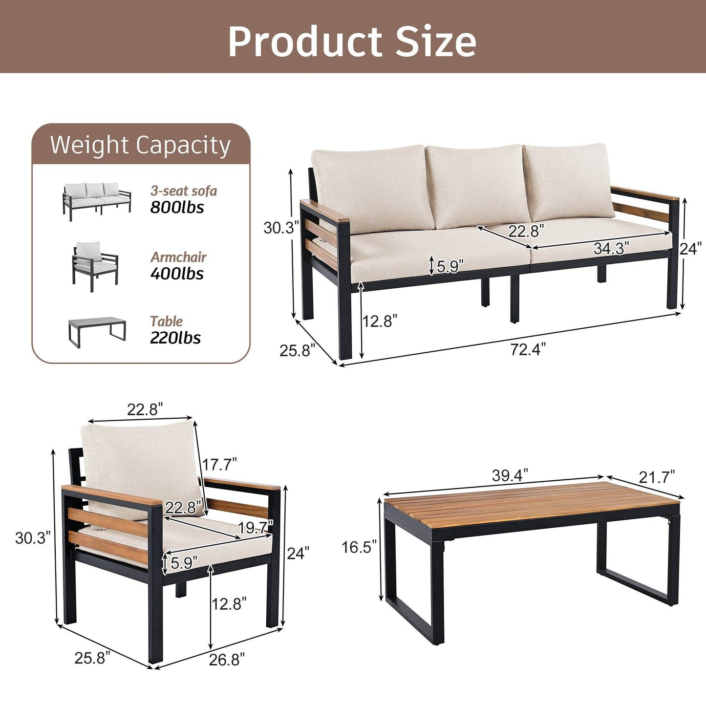 Sangria Beech luxury backyard seating set with 3-seat sofa, armchair, and table dimensions and weight capacity