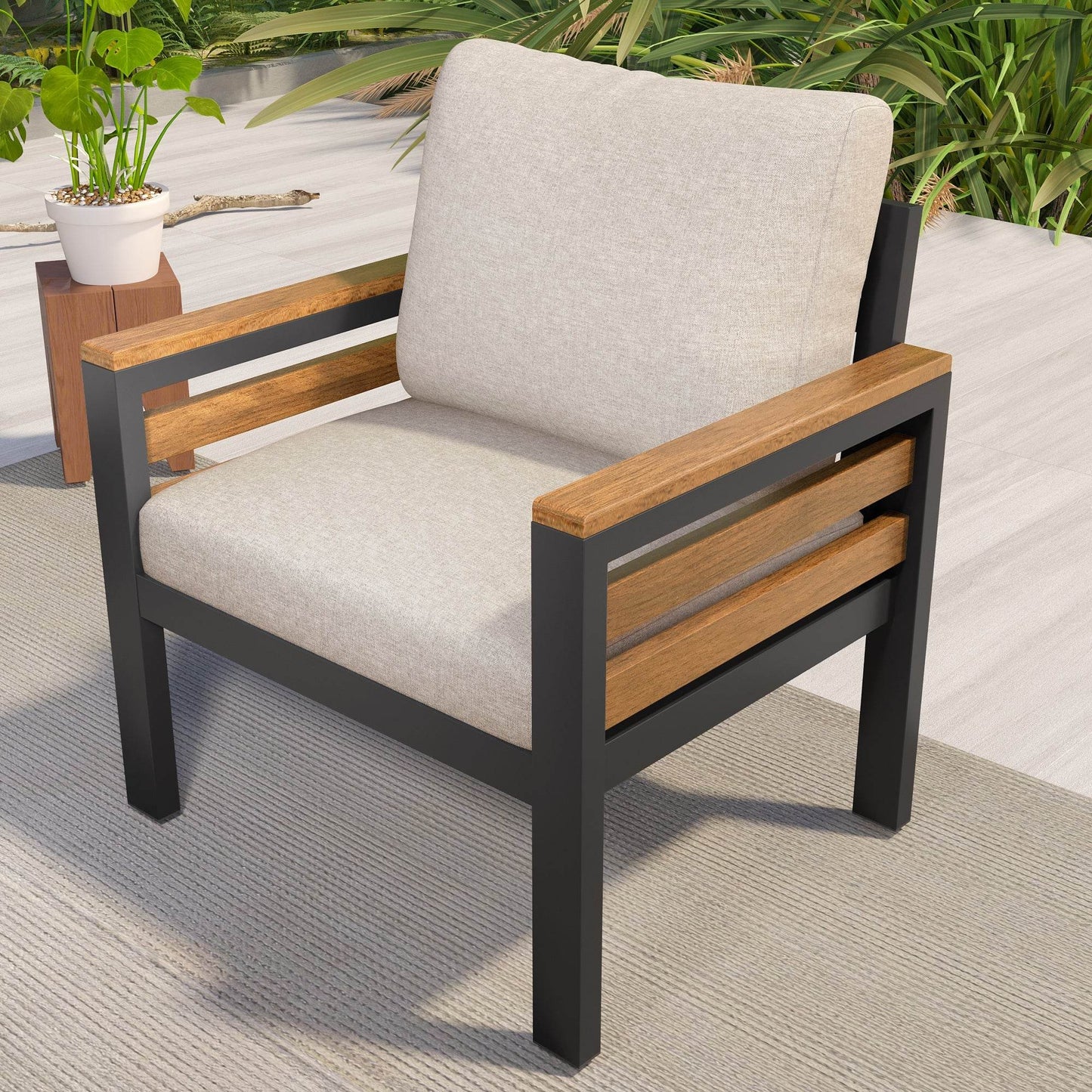 Sangria Beech luxury backyard seating set single armchair with beige cushions and wooden black frame