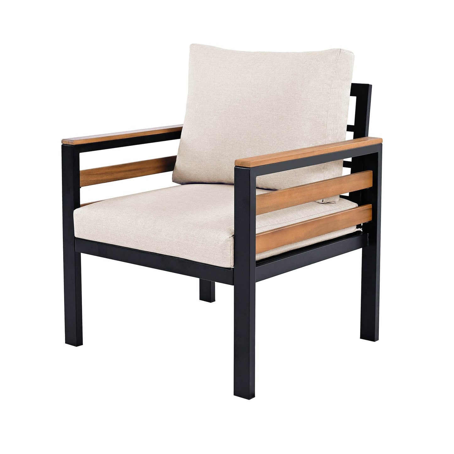 Sangria Beech luxury backyard seating set single chair with black metal frame and beige cushions