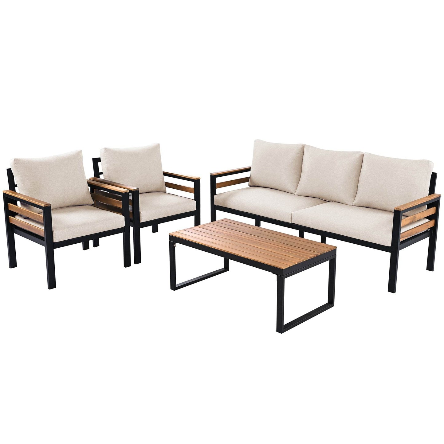 Sangria Beech luxury backyard seating set with beige cushions and black metal frame with wooden accents