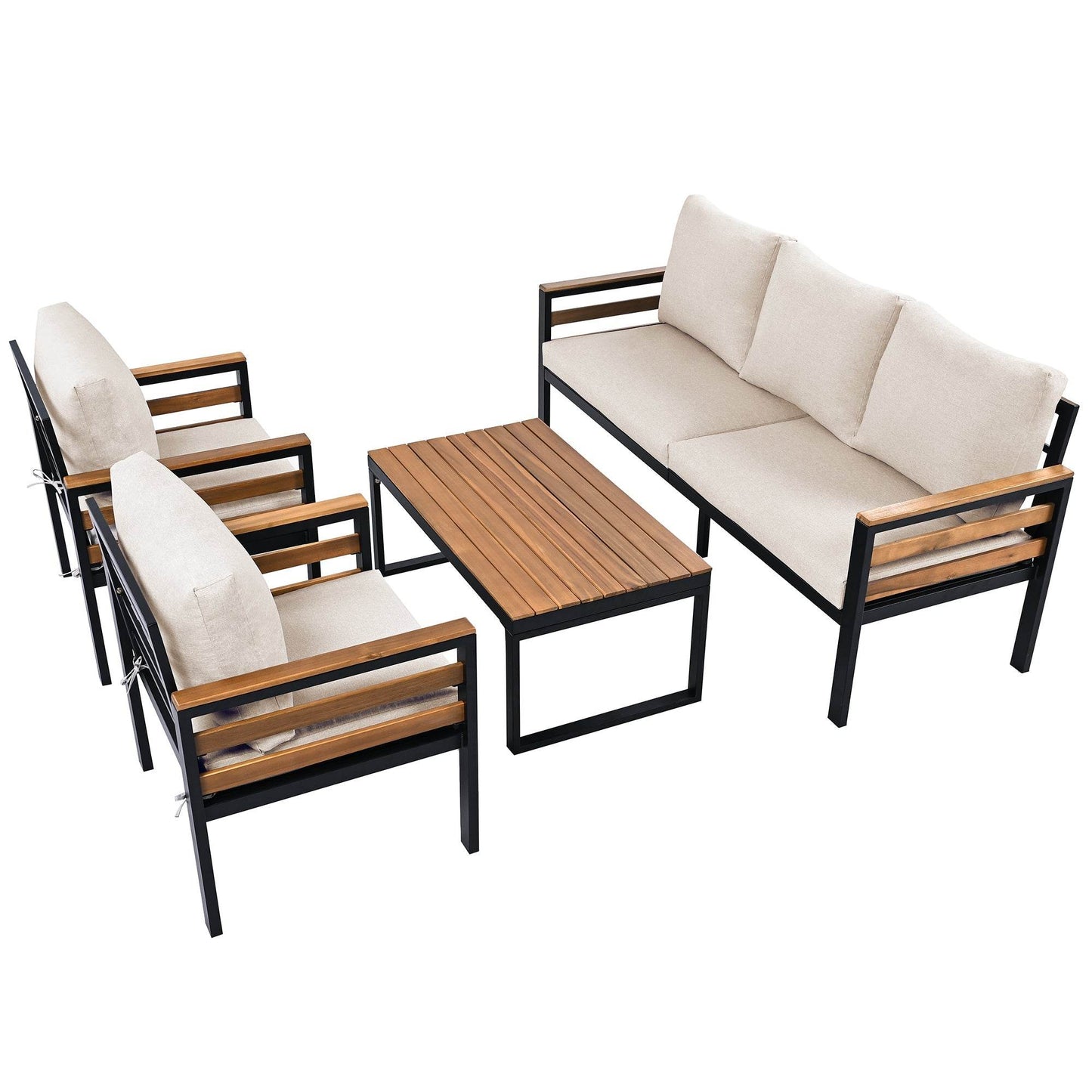 Sangria Beech luxury backyard seating set with beige cushions and wooden slat table and armrests
