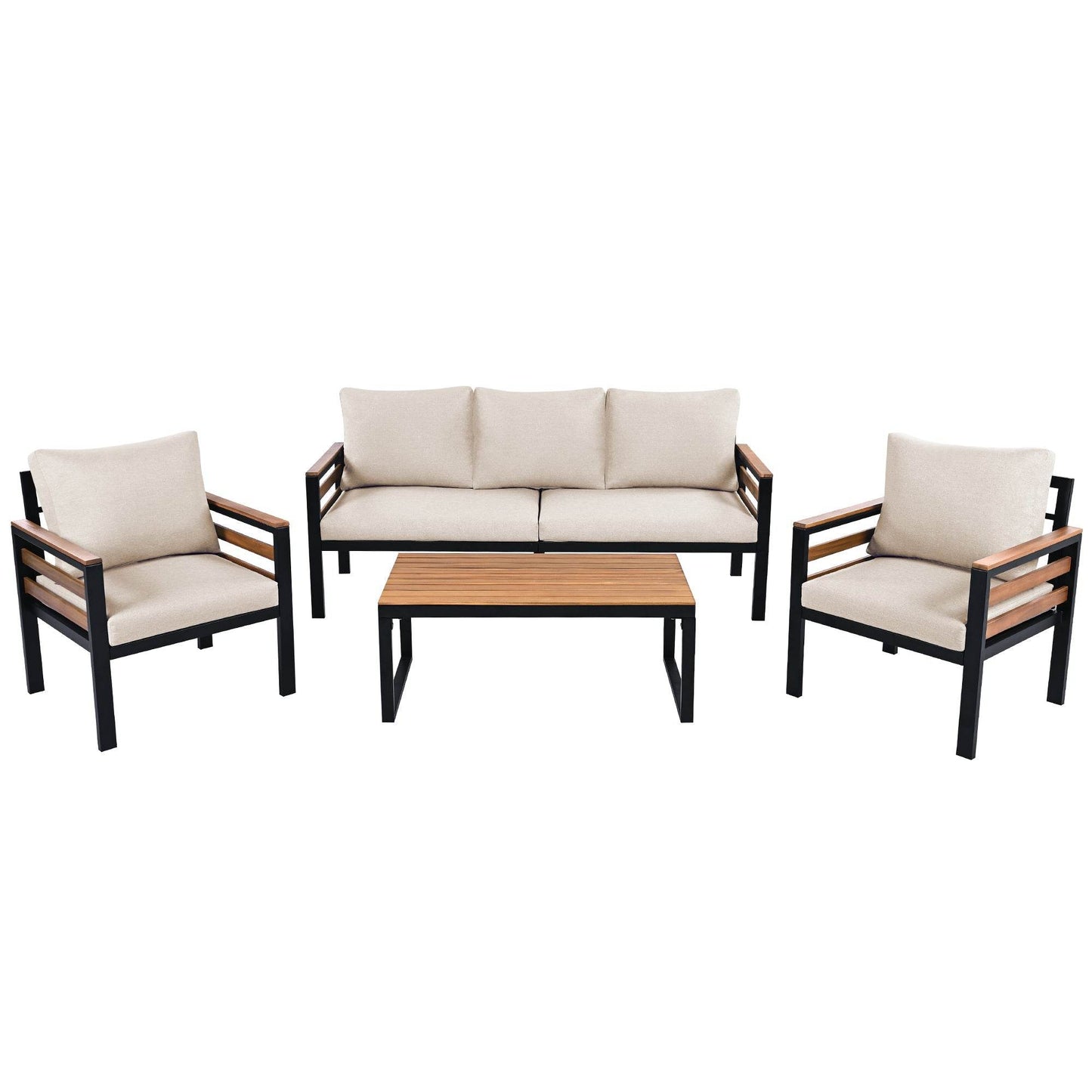 Sangria Beech luxury backyard seating set with beige cushions and wooden slat accents on black metal frame