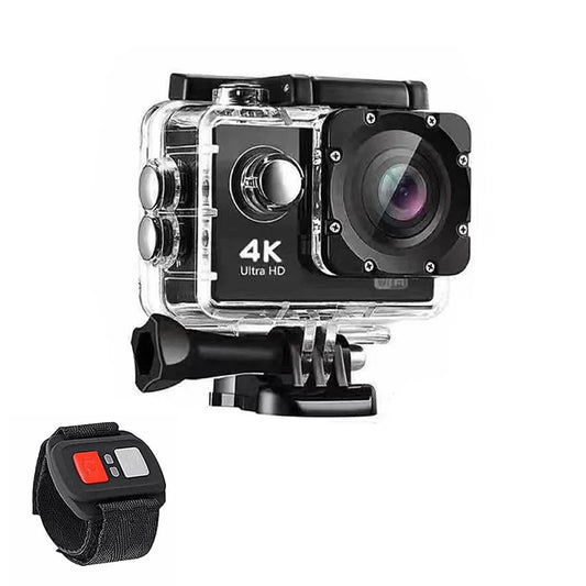4K waterproof action camera with clear protective case and wireless remote control strap